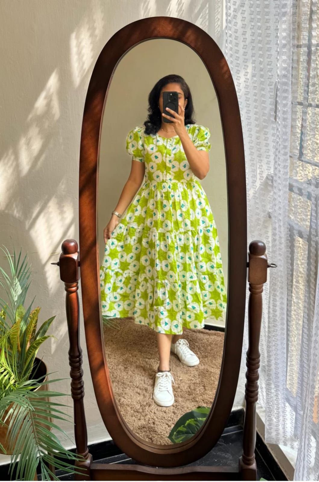 Green Printed Cotton Midi Gown Dress